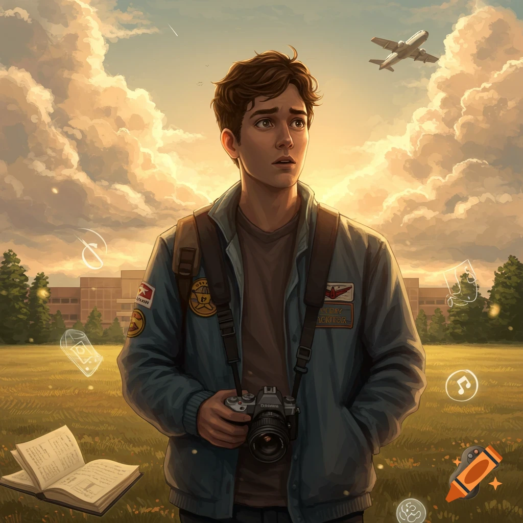 Fantasy art portrait of an anxious young man with a camera and backpack, standing in a field with a college building, an airplane, and abstract icons around him.