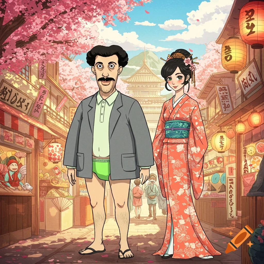 An anime-style man resembling Borat in a jacket and green underwear stands with a woman in a kimono on a cherry blossom-lined Japanese street.