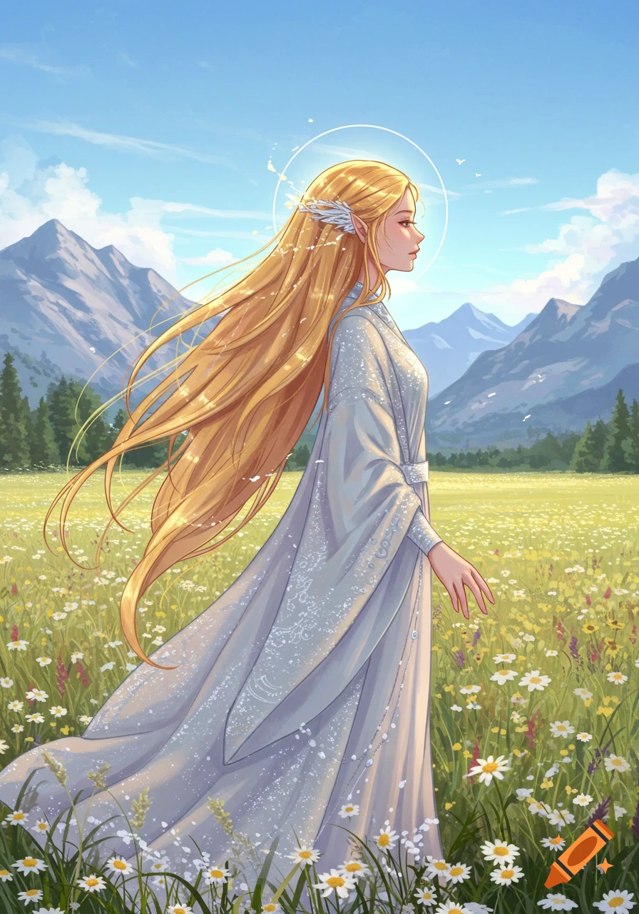 An elegant anime-style elf woman with long golden hair and a white robe stands in a field of daisies under a blue sky, mountains in the background.