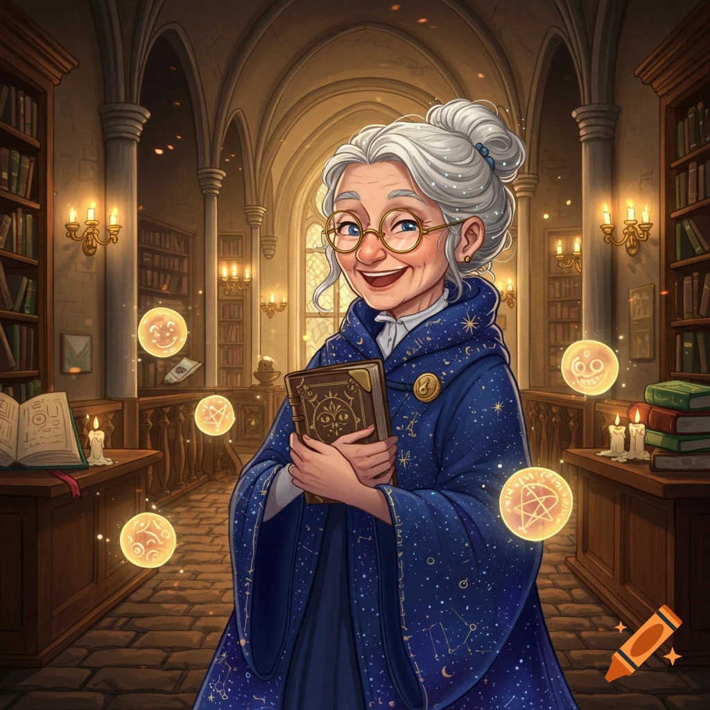Smiling elderly woman in a starry blue wizard robe and glasses holds a book in a magical library with glowing orbs. Illustrated.