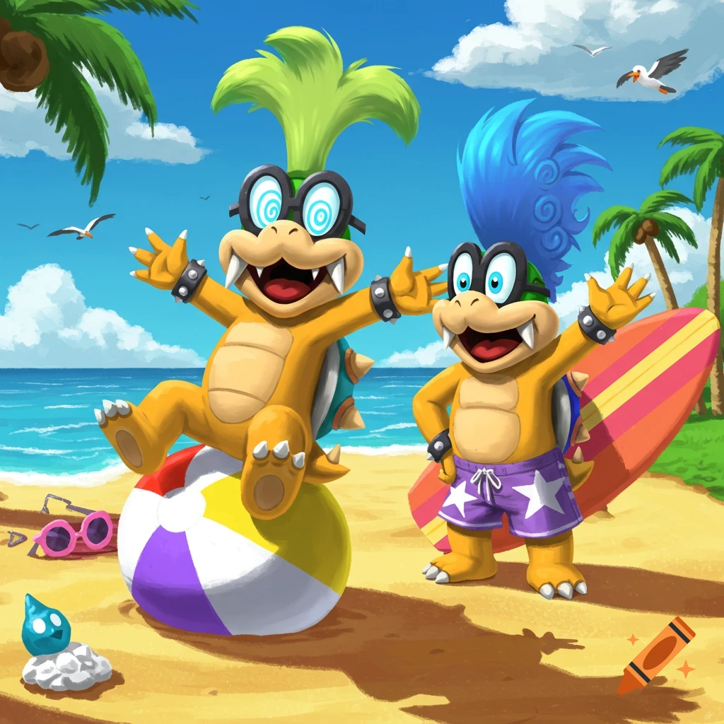 Vibrant cartoon art of Iggy and Larry Koopa happily posing on a sunny beach with a beach ball, surfboard, and palm trees.