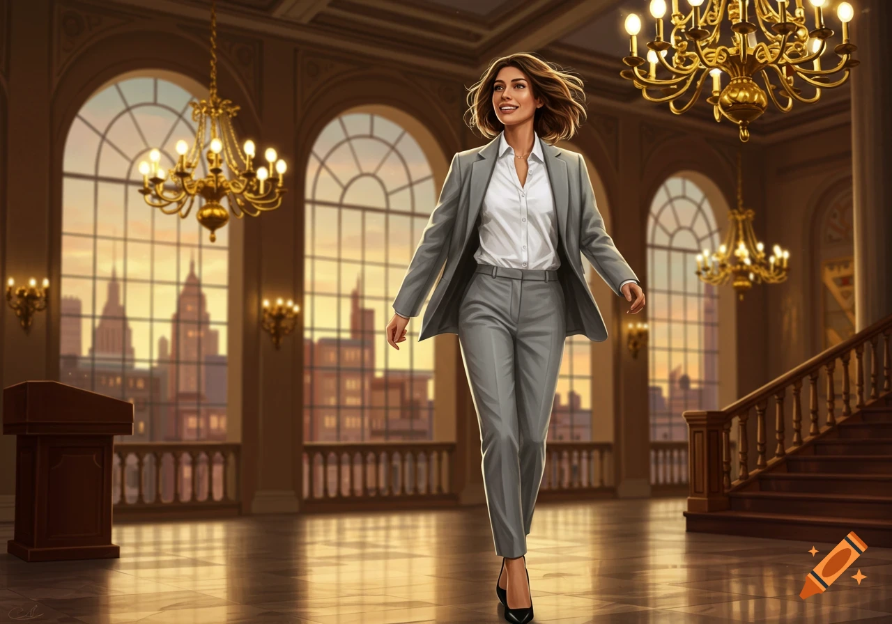 A smiling woman in a gray suit walks through a grand hall with chandeliers, large windows, and a city skyline at sunset. Digital art.
