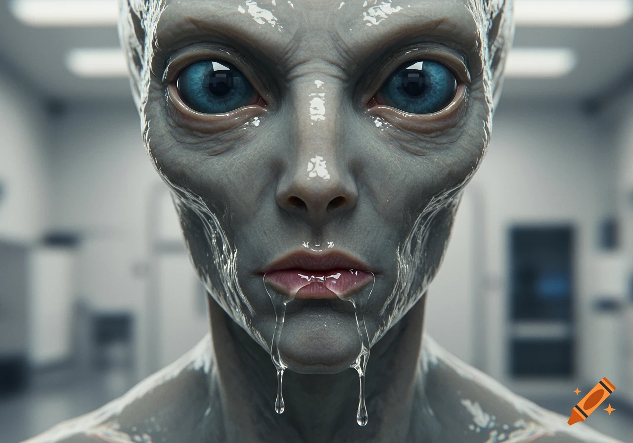 Close-up of a photorealistic gray alien with large blue eyes, drooling clear liquid from its lips.
