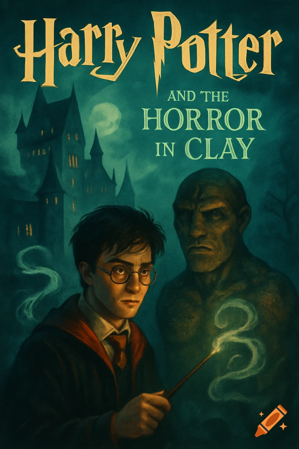 Illustrated book cover for 'Harry Potter and the Horror in Clay', depicting Harry Potter, a monstrous figure, and a castle under a full moon.