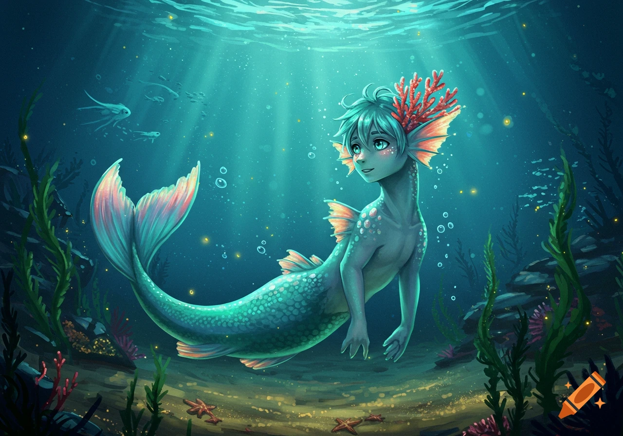 A young, blue-haired male triton with fin ears and a red coral headpiece swims in a vibrant, sunlit underwater scene.
