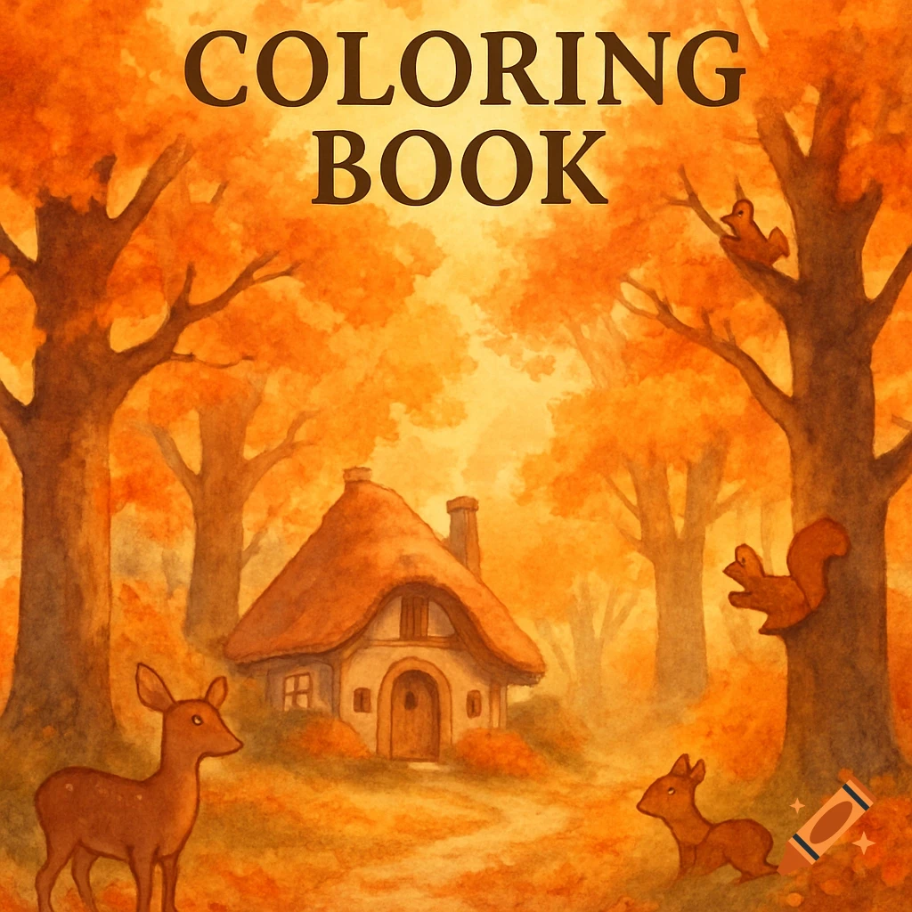 Ghibli-style watercolor illustration of an autumn forest with a small cottage, deer, and squirrels. Text reads 'COLORING BOOK'.