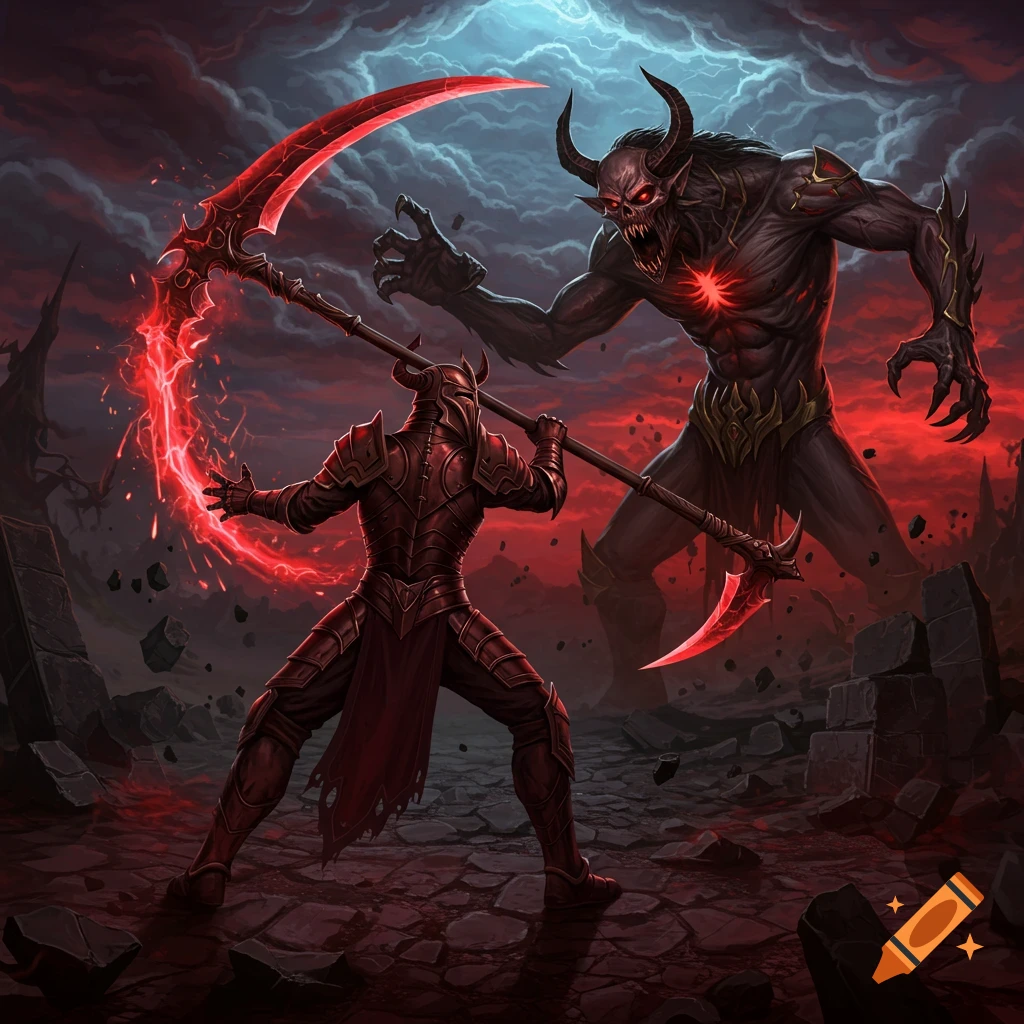 A red-armored knight with a glowing scythe battles a large horned demon in a dark, ruined landscape under a stormy sky.