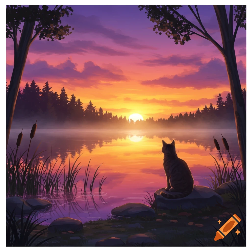 Illustration of a tabby cat sitting by a calm lake, watching a colorful orange and purple sunset over a distant forest.