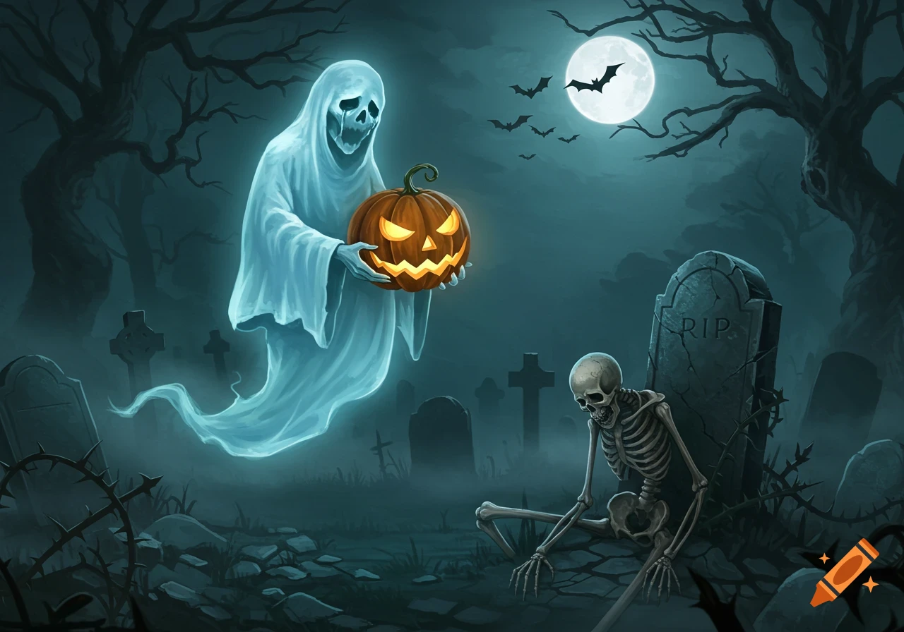 A sad ghost holds a glowing jack-o'-lantern next to a sitting skeleton in a misty graveyard under a full moon with bats.