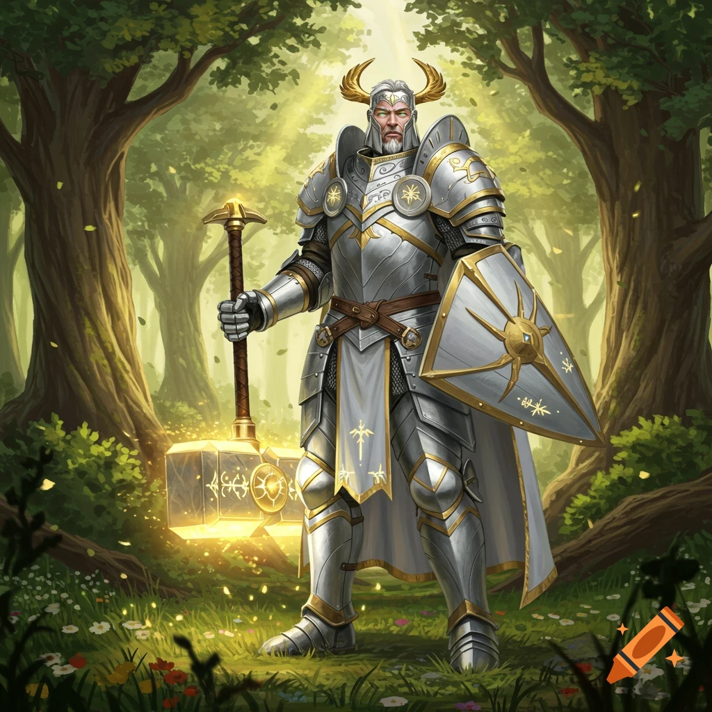 A majestic paladin in shining white and gold armor stands in a sunlit forest, holding a glowing warhammer and a shield.