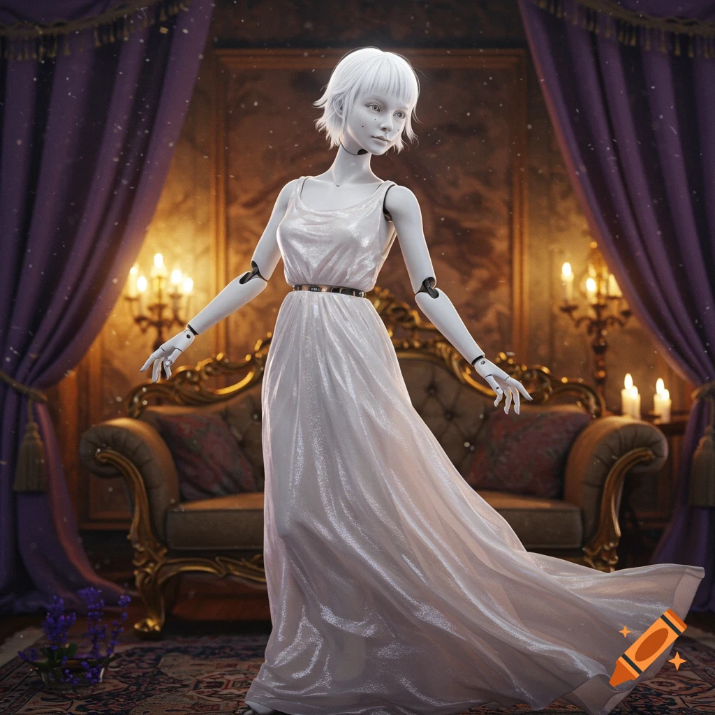Photorealistic doll-like woman with white skin and hair in a shimmering white dress, standing gracefully in an opulent room with purple drapes and candles.