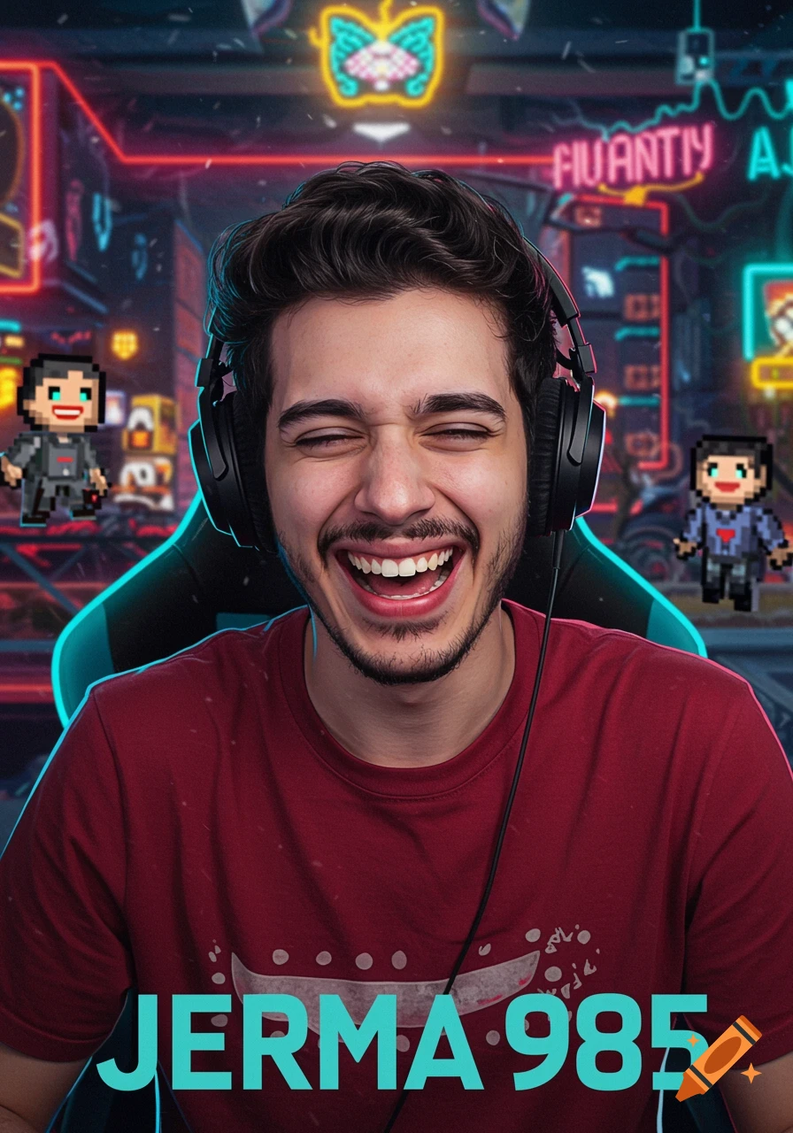 A smiling man with headphones on, wearing a red t-shirt, against a neon-lit, cyberpunk-style background with pixelated figures. The text "JERMA 985" is at the bottom.