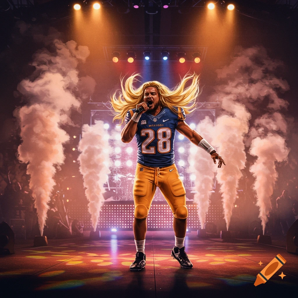 A long-haired blonde football player wearing number 28 sings into a microphone on a smoky stage lit by spotlights.