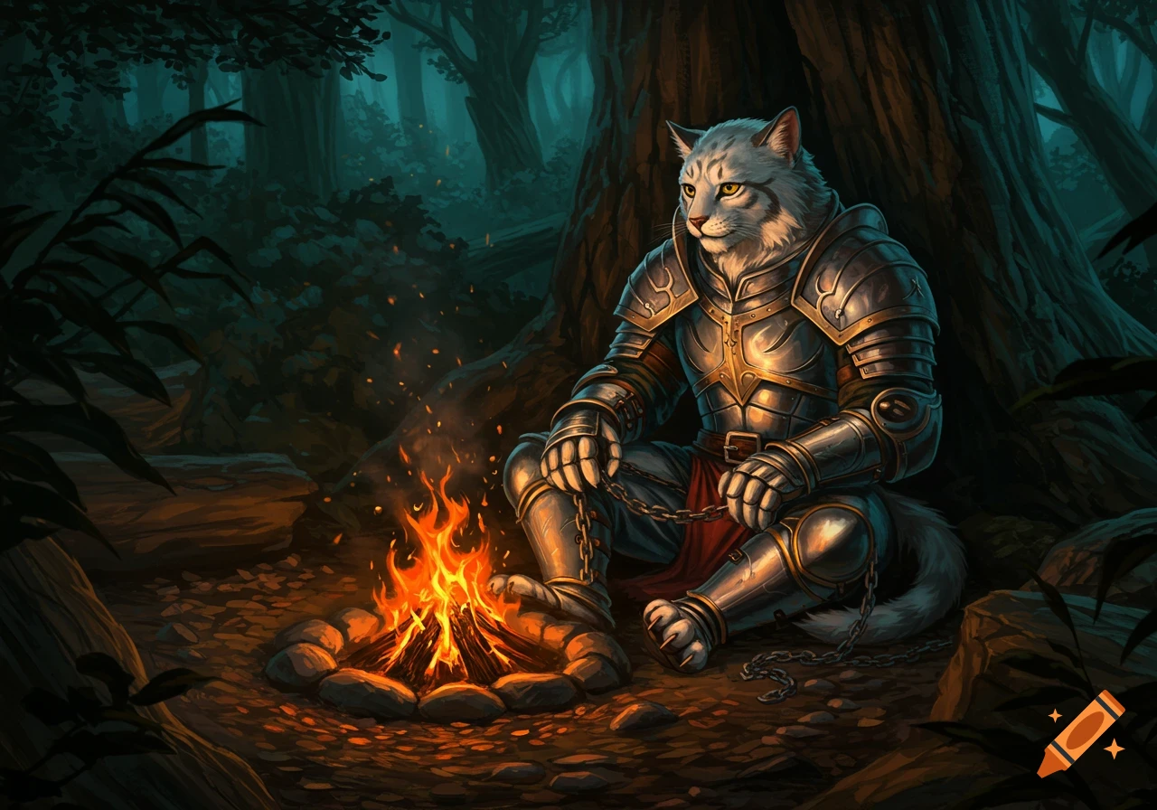 A white anthropomorphic cat warrior in detailed silver and gold armor sits by a glowing campfire in a dark, mystical forest.