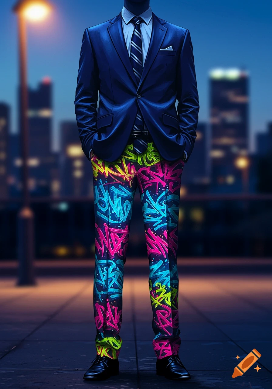 A headless person in a dark blue suit with vibrant neon graffiti-patterned pants stands on a city street at night.