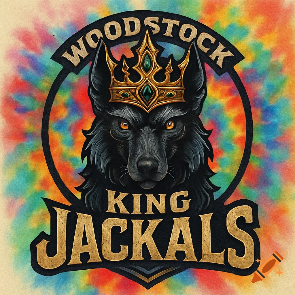 A logo featuring a black wolf head wearing a golden crown, with text 'WOODSTOCK KING JACKALS' over a colorful tie-dye background.