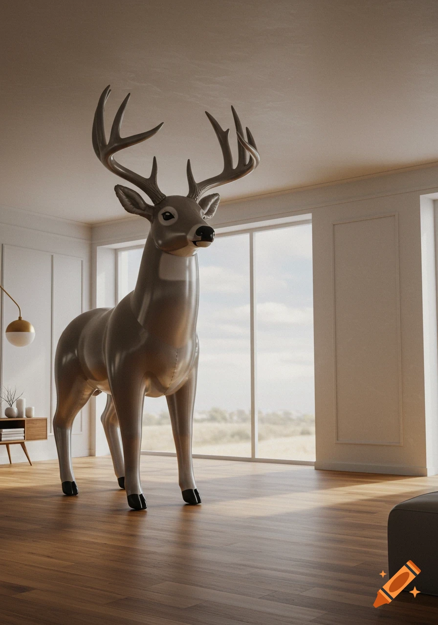 A large, grey inflatable deer buck with antlers stands in a modern room with wood floors and large windows.