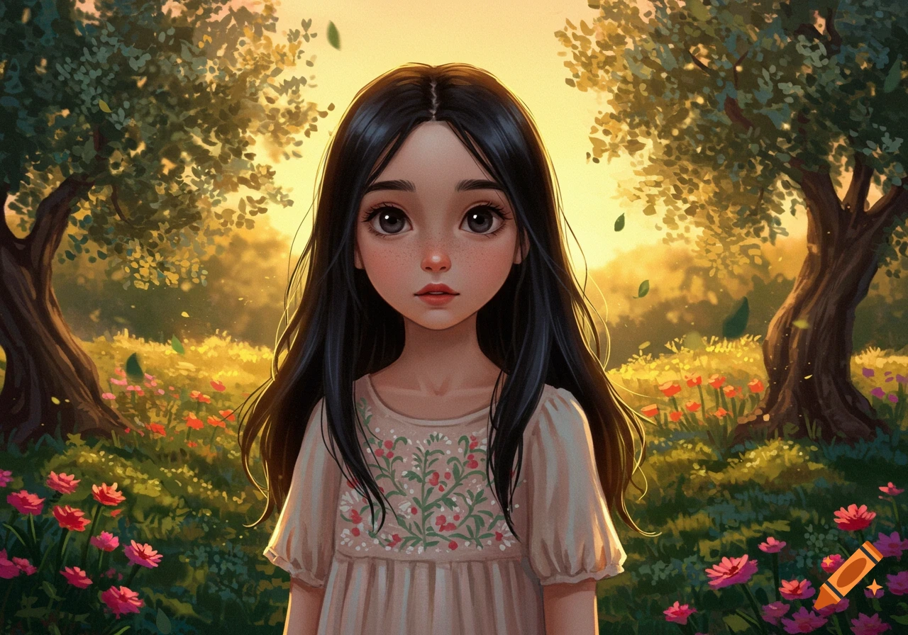 A stylized digital illustration of a young girl with long dark hair, big eyes, and freckles, standing in a sunny field with trees and pink flowers.