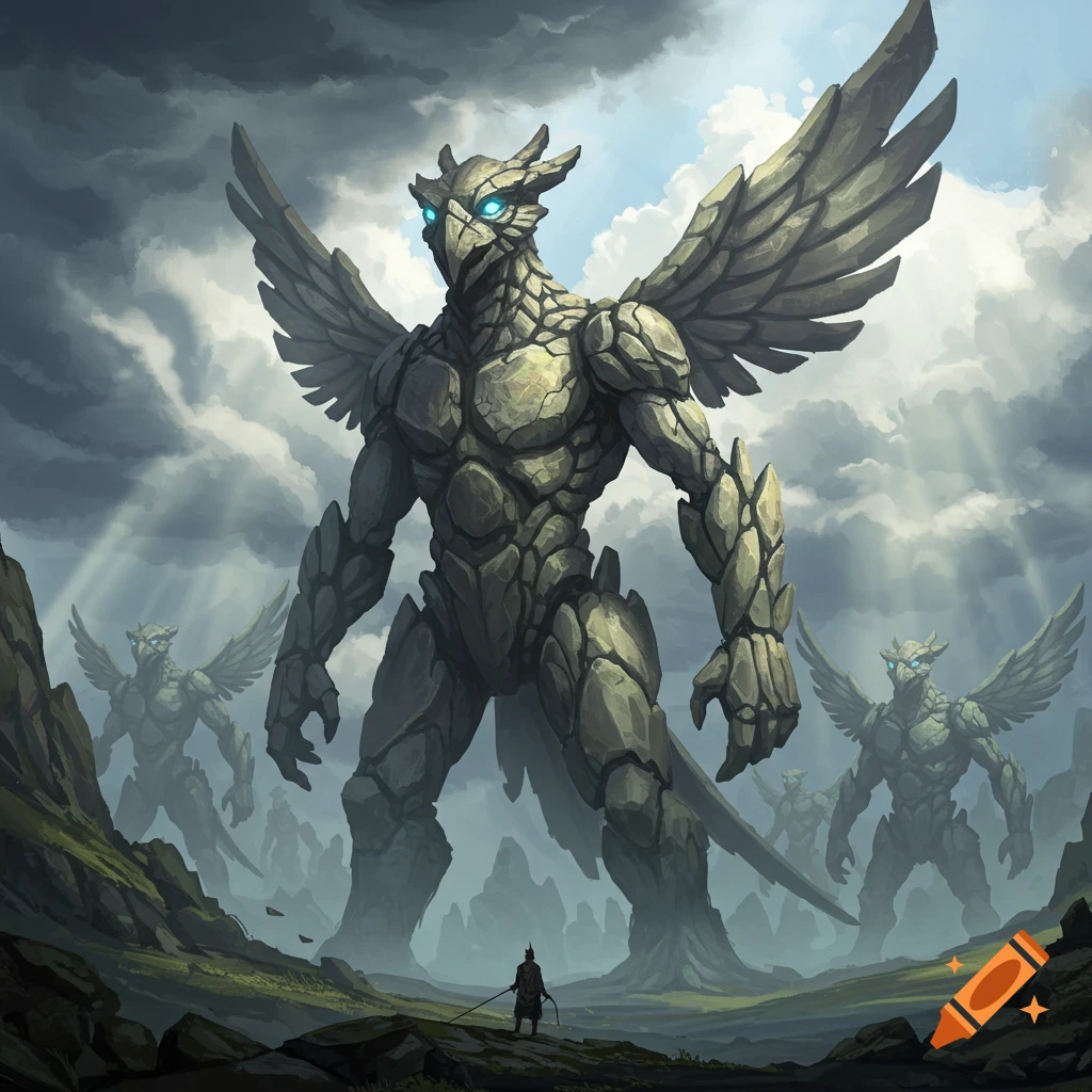 A small human with a sword faces massive winged rock monsters under a dramatic, cloudy sky with sun rays.