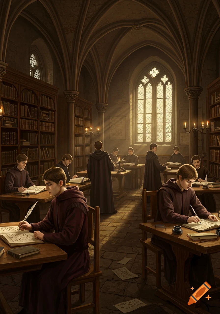 Young university students in dark robes write with quills in a grand, vaulted gothic library, bathed in sunlight from tall windows.