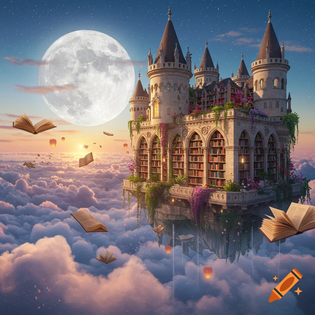 A majestic library castle floats among clouds at sunset, with a large moon in the sky and open books flying around it.