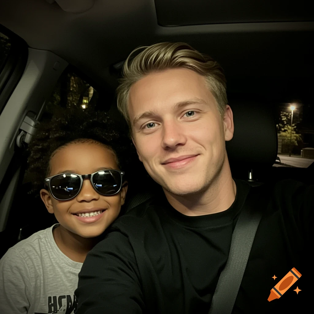 A blonde man and a child in sunglasses smile for a car selfie at night.