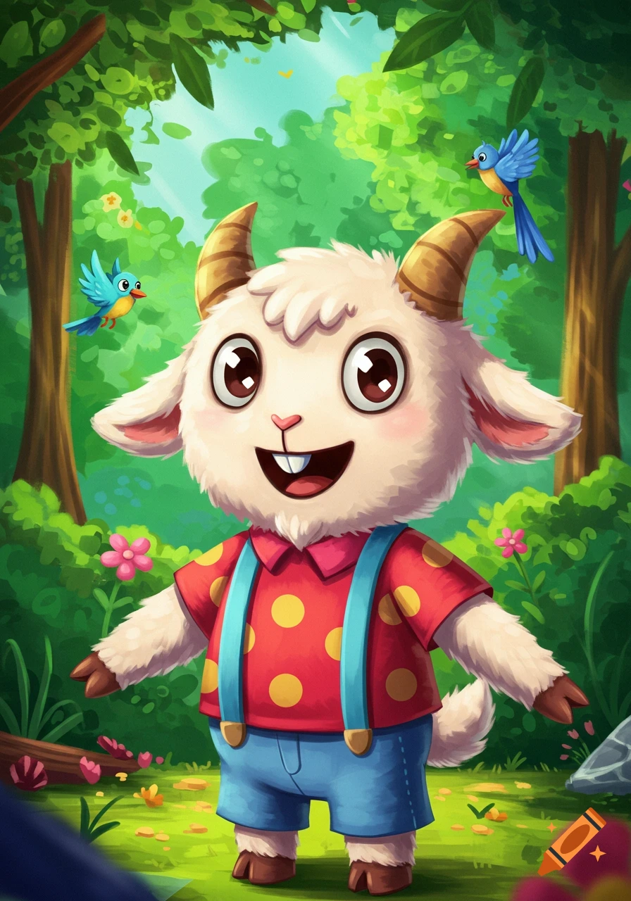 A cute, happy cartoon goat in a red polka-dot shirt and blue overalls stands in a lush green forest with small blue birds.