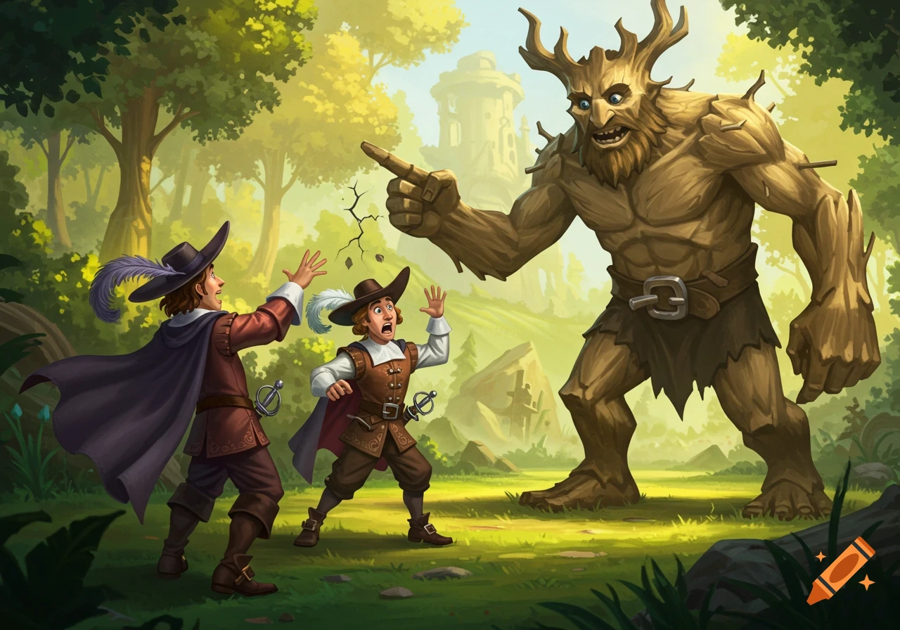 Two frightened musketeers cower before a giant, angry tree monster in a sunlit fantasy forest.