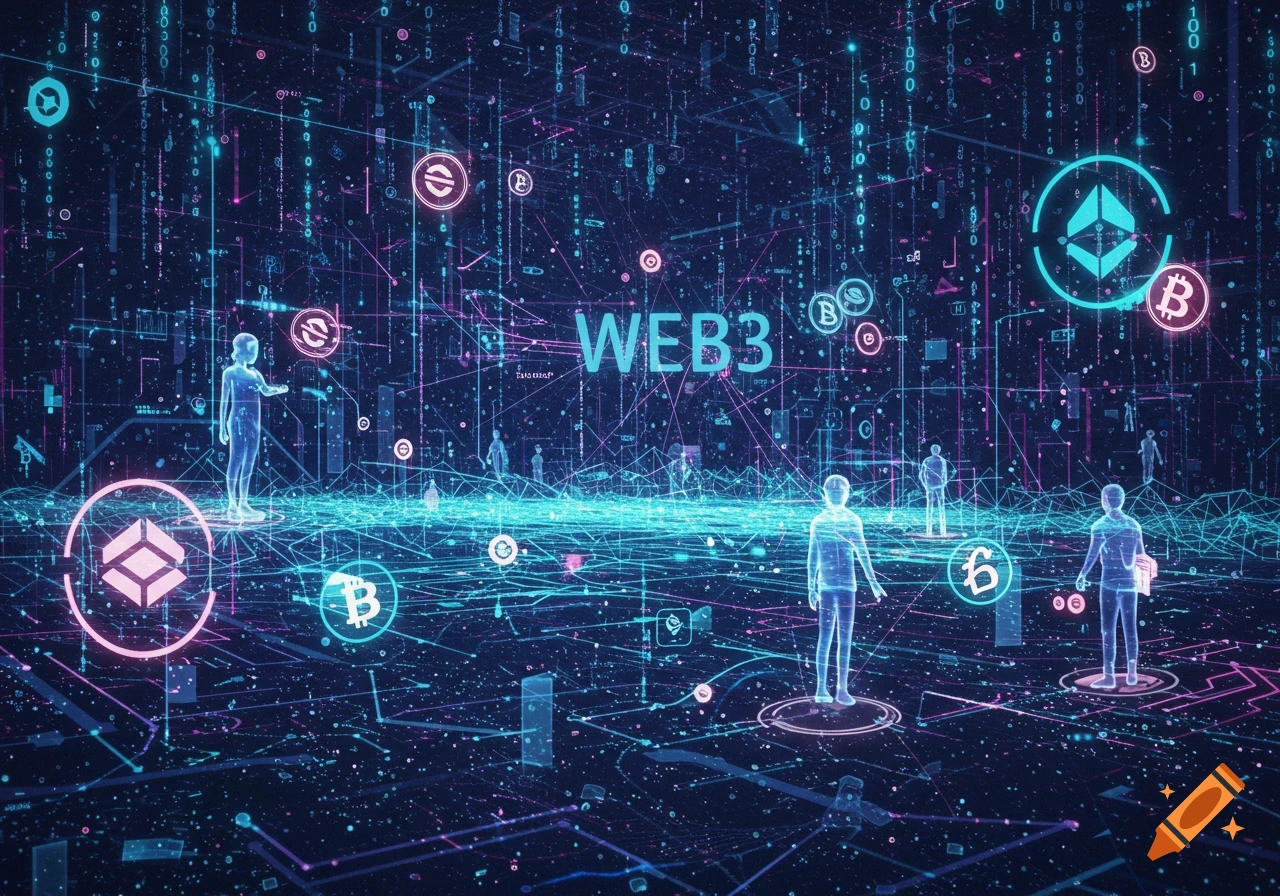 Holographic figures and crypto symbols in a glowing blue and pink digital network, with 'WEB3' text.