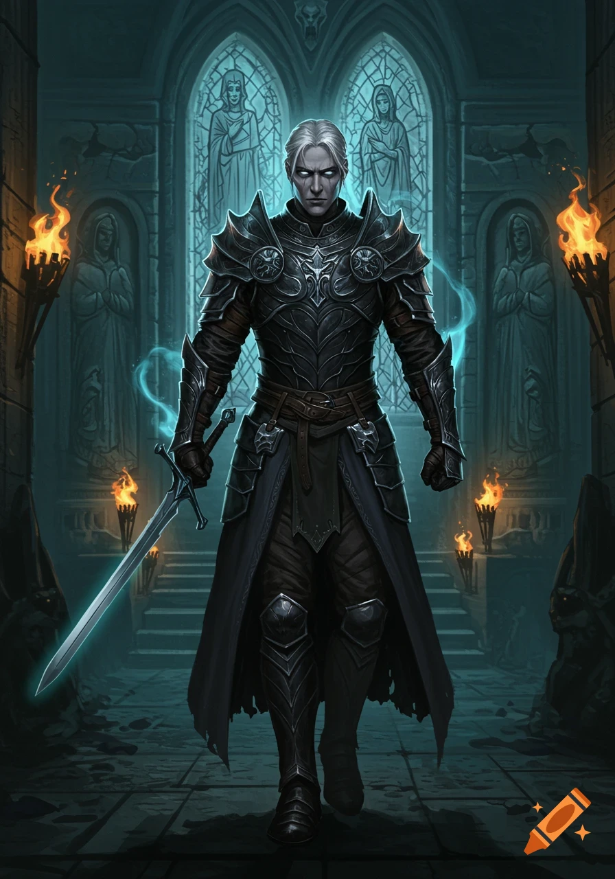 A stern male warrior with white hair and glowing eyes in dark gothic armor holds a glowing sword in a dimly lit temple.
