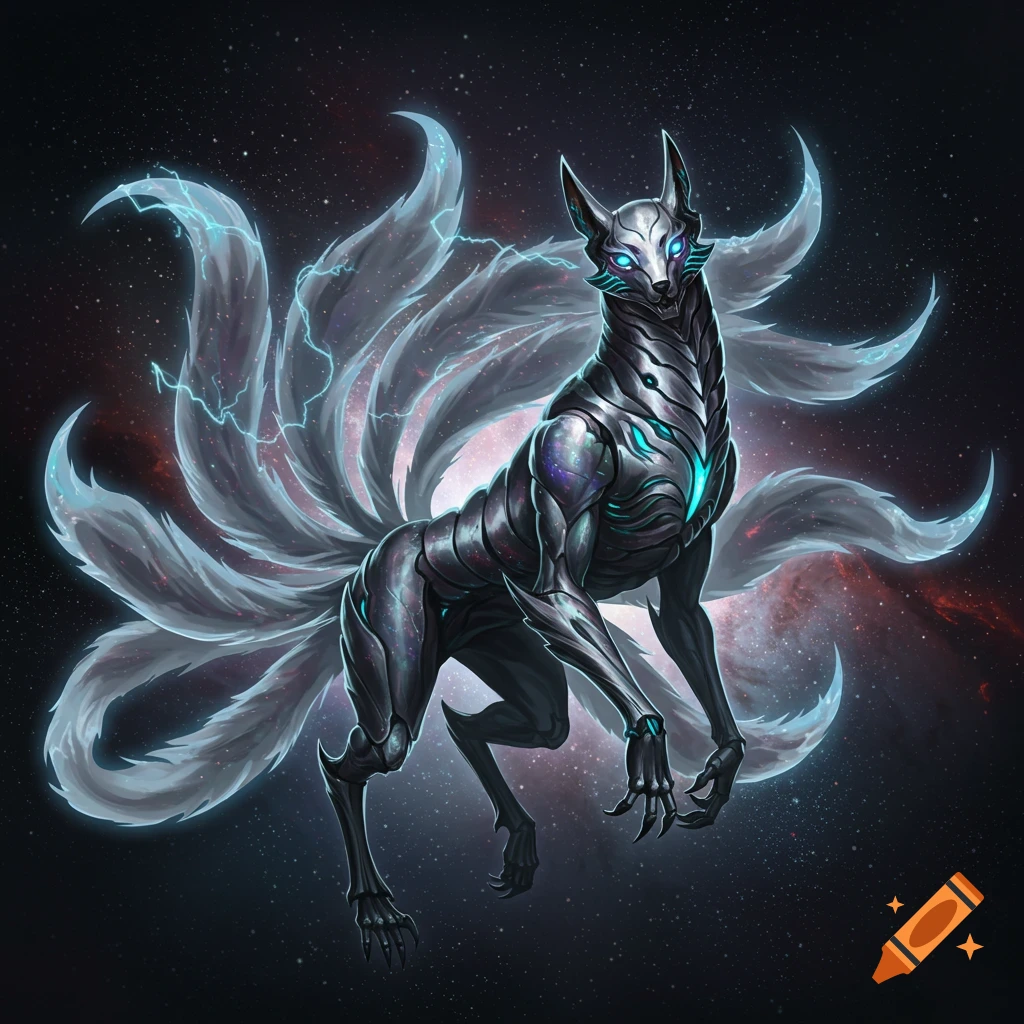 A sleek, dark biomechanical fox with glowing blue eyes and nine translucent, lightning-infused tails against a cosmic background.