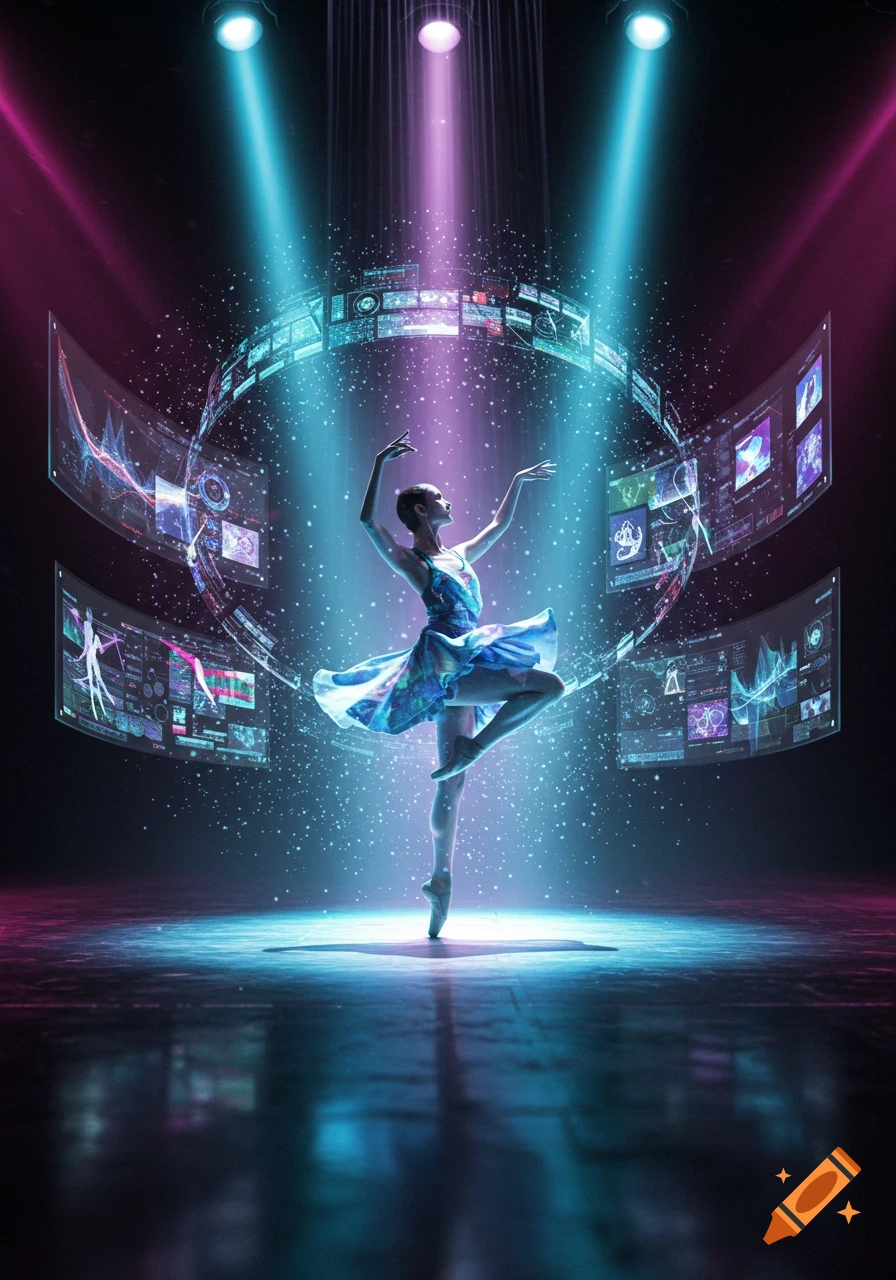 Ballerina dancing en pointe on a dark stage, surrounded by glowing digital screens and neon pink and blue lights.
