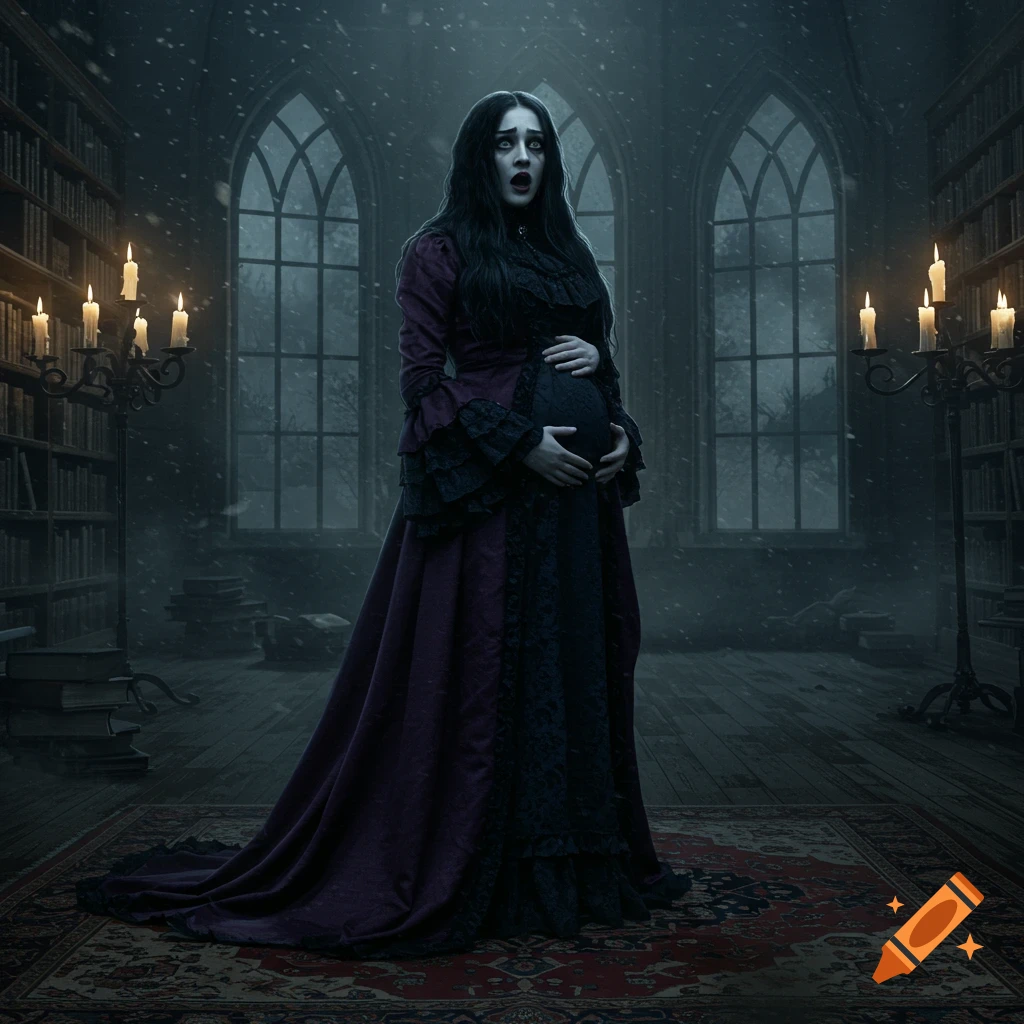A gothic woman in a dark dress clutches her pregnant belly, looking shocked in a dimly lit, snowy gothic library with arched windows.