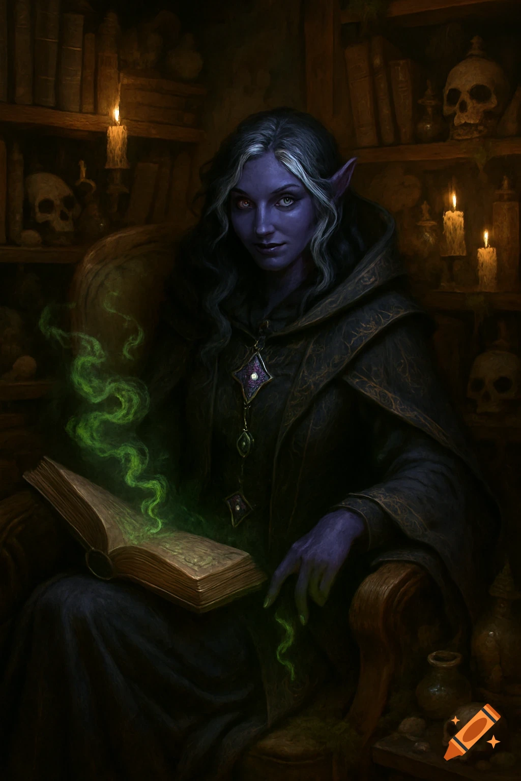 A violet-skinned drow warlock in dark robes sits in an arcane study, reading a glowing book with green mist flowing from her hand.