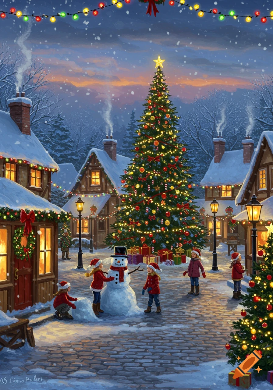 Children build a snowman in a snowy village square under a festive Christmas tree and string lights at dusk, digital painting.