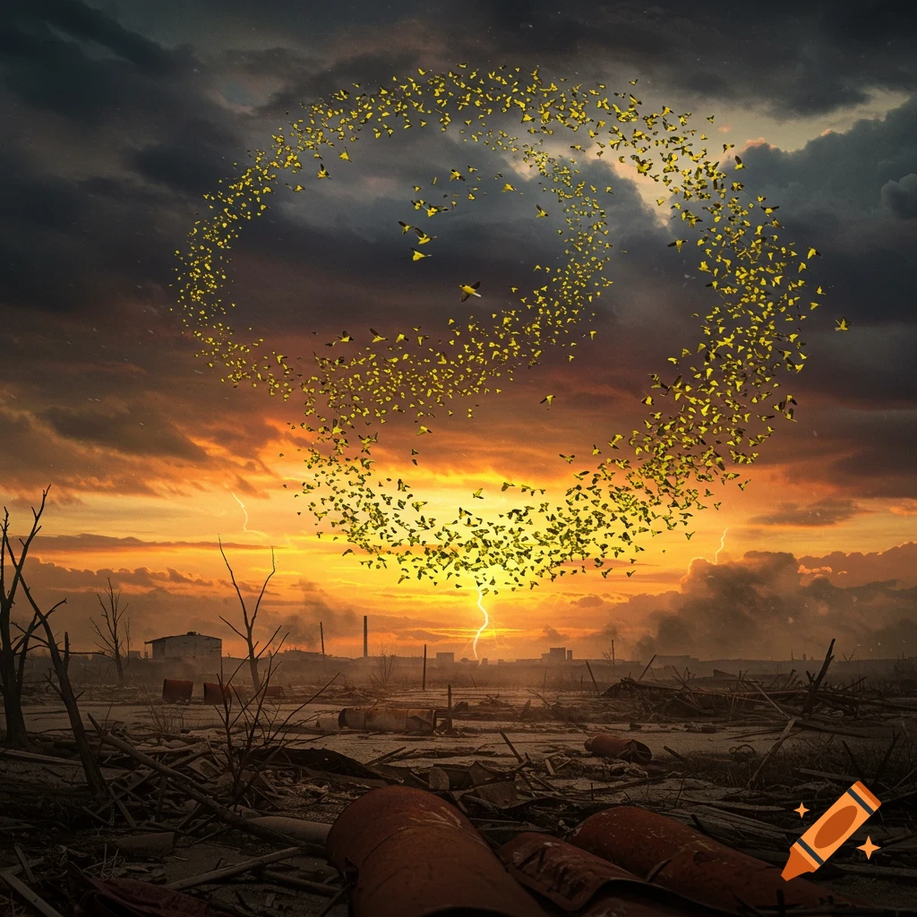 Apocalyptic landscape at sunset with a massive flock of yellow birds spiraling in a stormy sky over a desolate, debris-filled foreground.