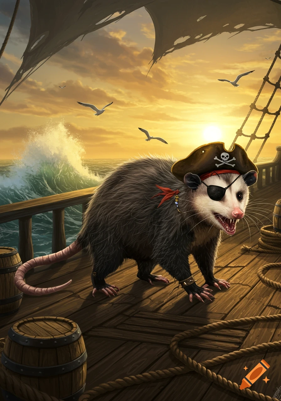 A cartoon pirate possum with an eyepatch and hat stands on a wooden ship deck at sunset, with large ocean waves.