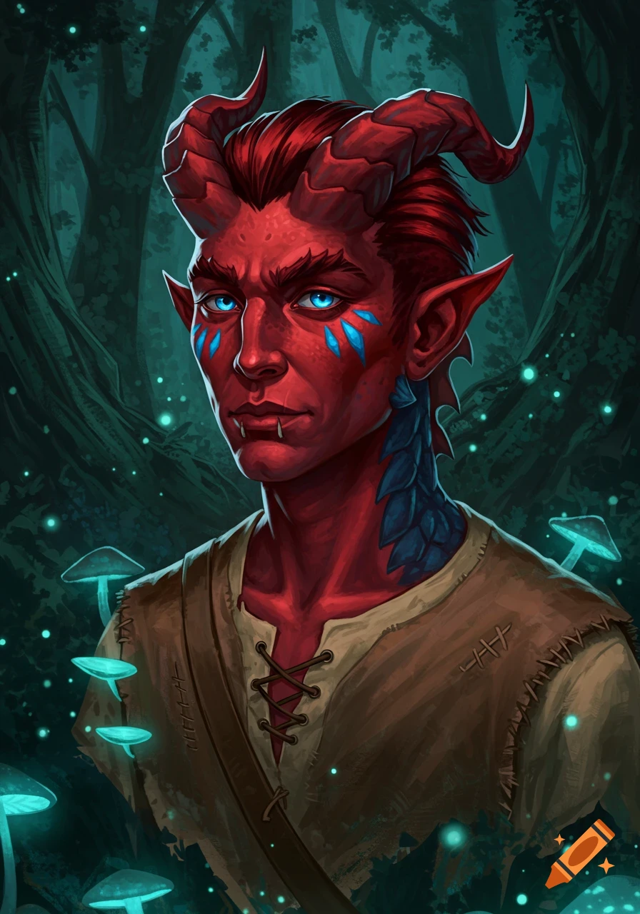 Portrait of a red-skinned, horned fantasy character with glowing blue eyes and markings, wearing a tunic, in a mystical forest with bioluminescent mushrooms.