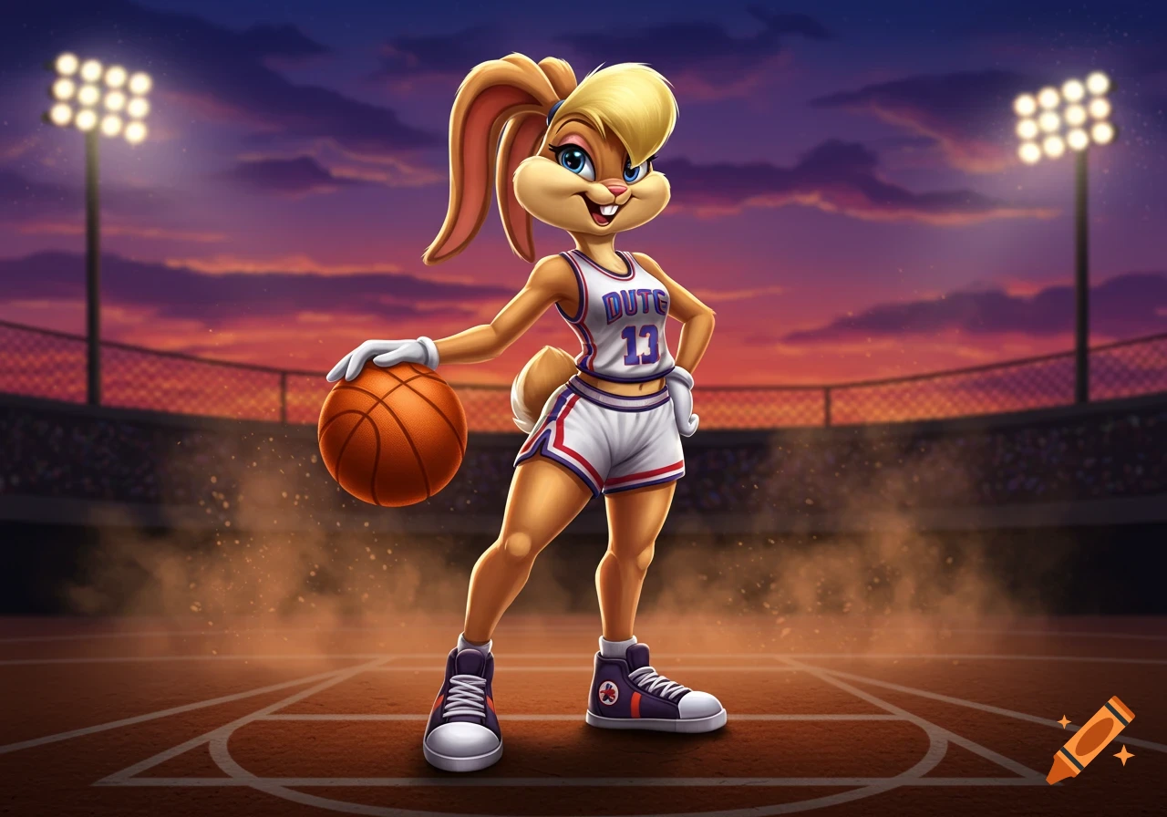 Lola Bunny in a white and blue basketball uniform, holding a basketball on a court at sunset.