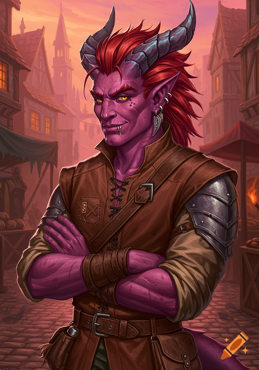 A confident, red-skinned, horned fantasy character with yellow eyes and a fanged piercing, wearing leather armor, stands in a bustling marketplace at sunset.