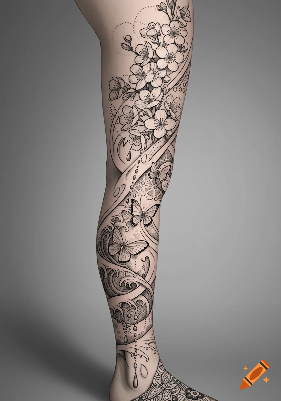 Detailed black and gray leg tattoo sleeve with cherry blossoms, butterflies, waves, and geometric patterns.