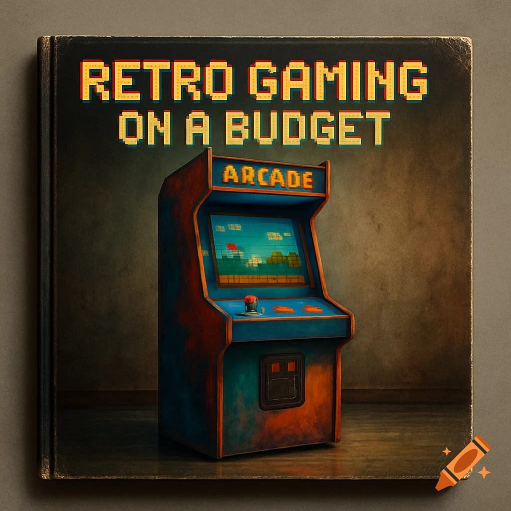 A book cover featuring a vintage arcade cabinet with a pixel art game on screen, titled 'Retro Gaming on a Budget'.