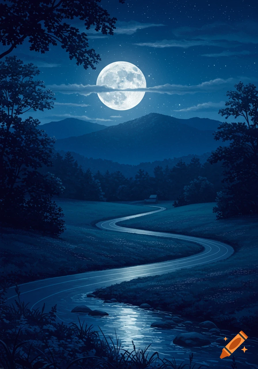 A full moon illuminates a winding road and a stream through a dark, mountainous forest at night, digital art.