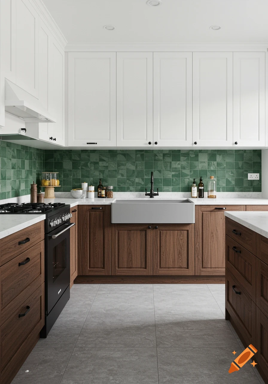 Modern kitchen with white upper and dark wood lower cabinets, green tile backsplash, white countertops, gray farmhouse sink, and black stove.