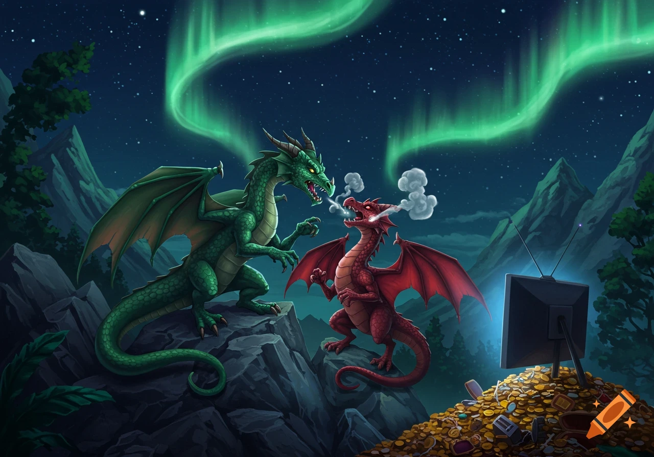 Two cartoon dragons, one green and one red, argue on rocky terrain at night under a green aurora. A TV sits on a pile of treasure.
