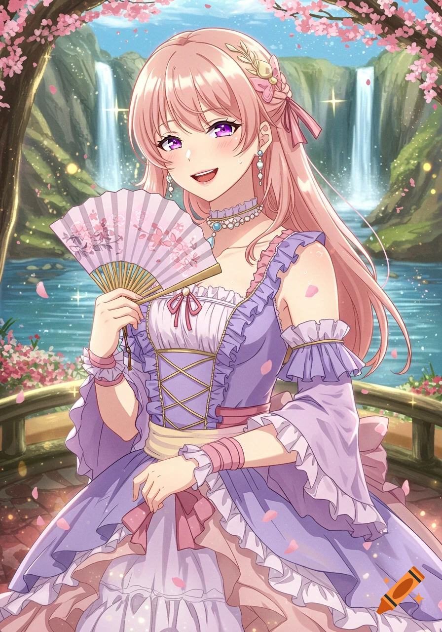 A smiling pink-haired anime girl in a purple dress holds a fan in a beautiful fantasy garden with cherry blossoms and waterfalls.