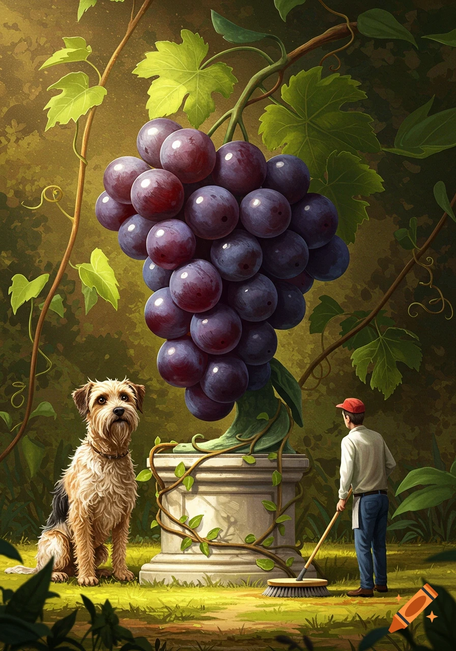 An illustration of a scruffy dog sitting next to a massive bunch of grapes on a pedestal, with a man sweeping nearby in a garden.