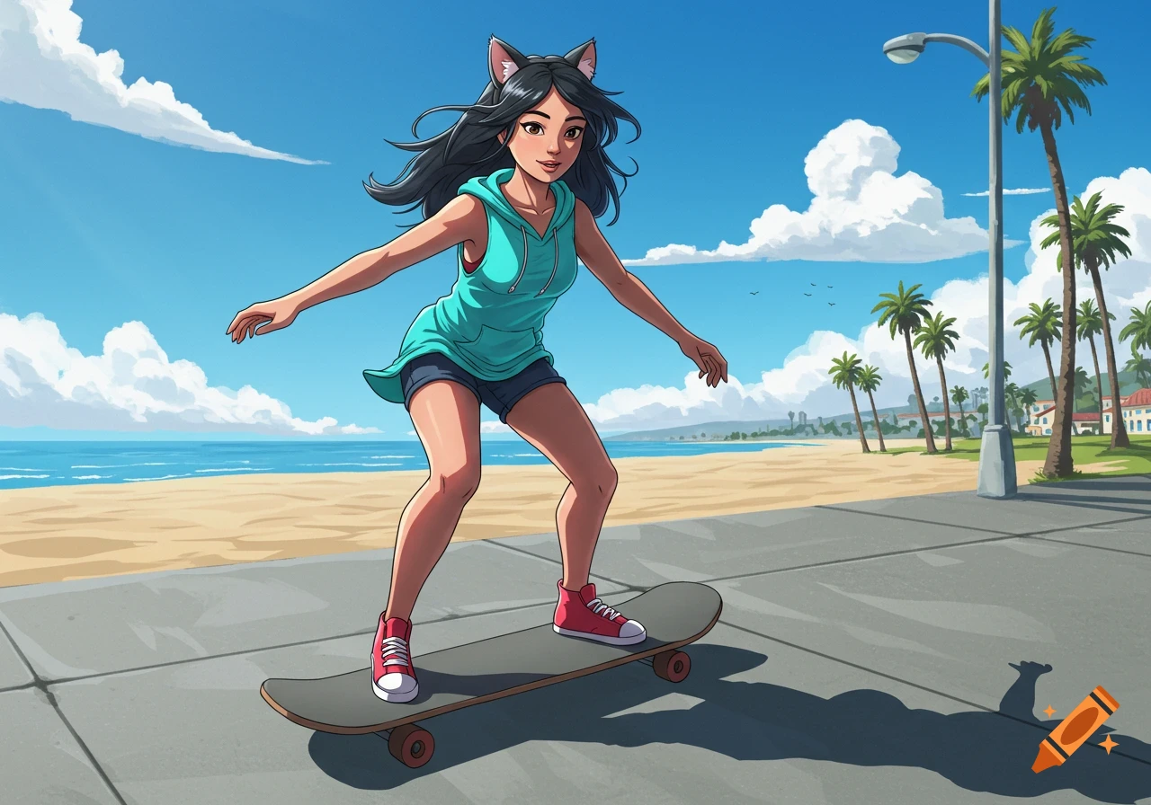 An anime style woman with cat ears rides a skateboard on a sunny sidewalk by a California beach with palm trees.