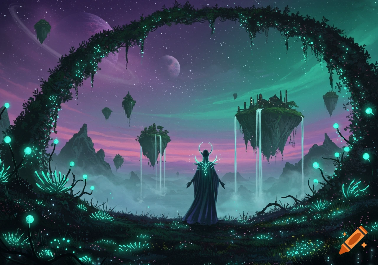 A robed figure with glowing antlers stands in a vibrant fantasy landscape with floating islands, waterfalls, bioluminescent plants, and planets.