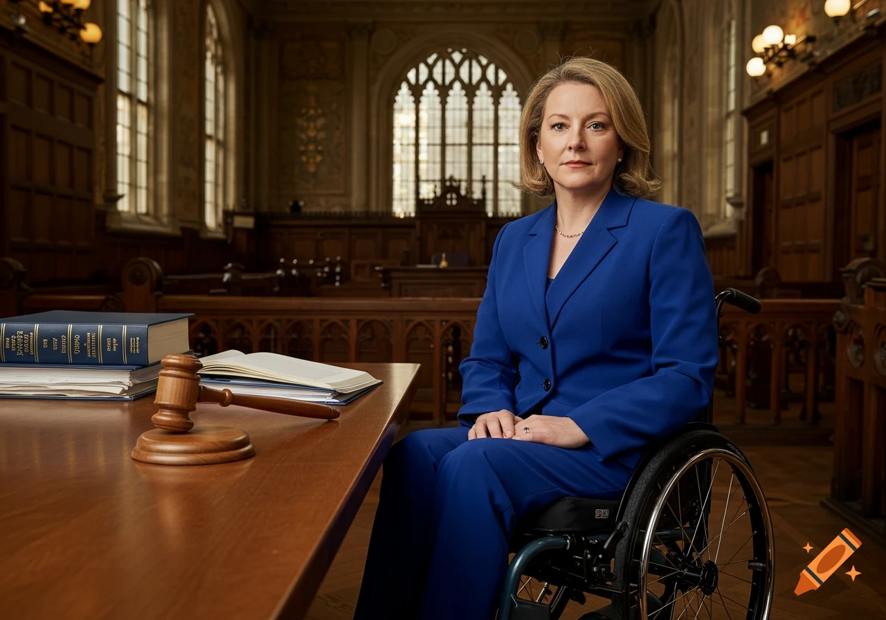 A woman in a blue suit sits in a wheelchair at a courtroom table with legal books and a gavel, looking seriously at the viewer.